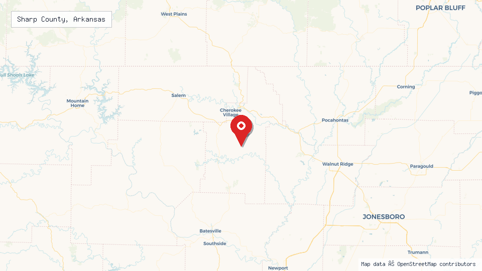 Street map of Sharp County, Arkansas with location pin