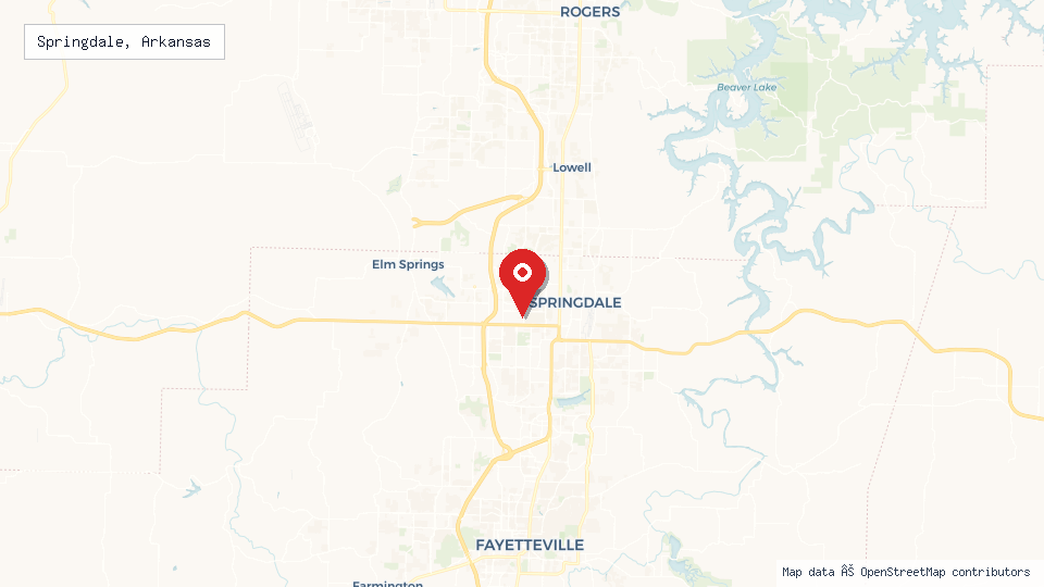 Street map of Springdale, Arkansas with location pin