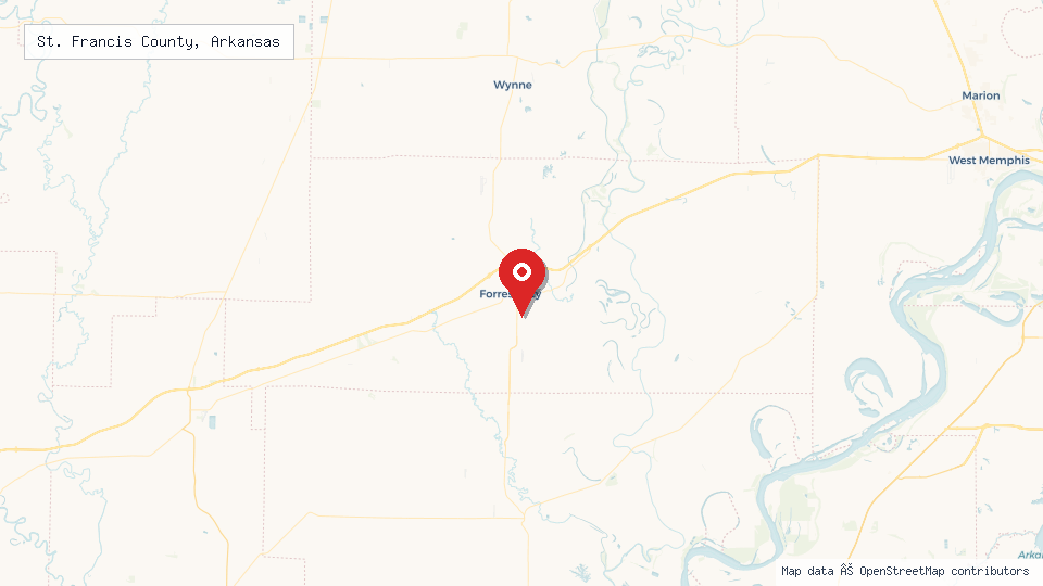 Street map of St. Francis County, Arkansas with location pin