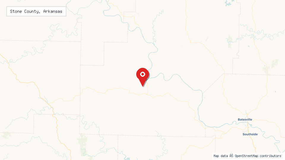 Street map of Stone County, Arkansas with location pin
