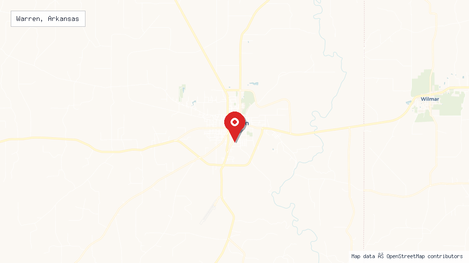 Street map of Warren, Arkansas with location pin