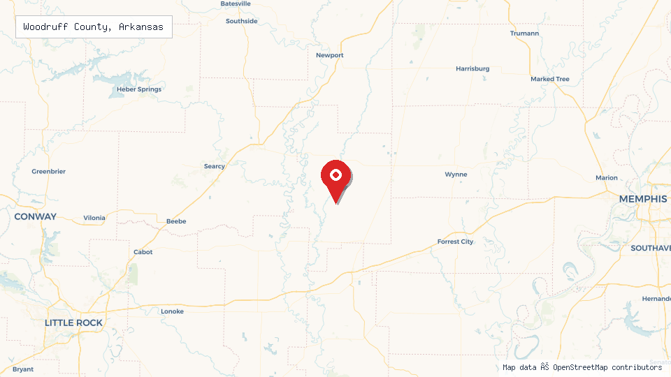Street map of Woodruff County, Arkansas with location pin