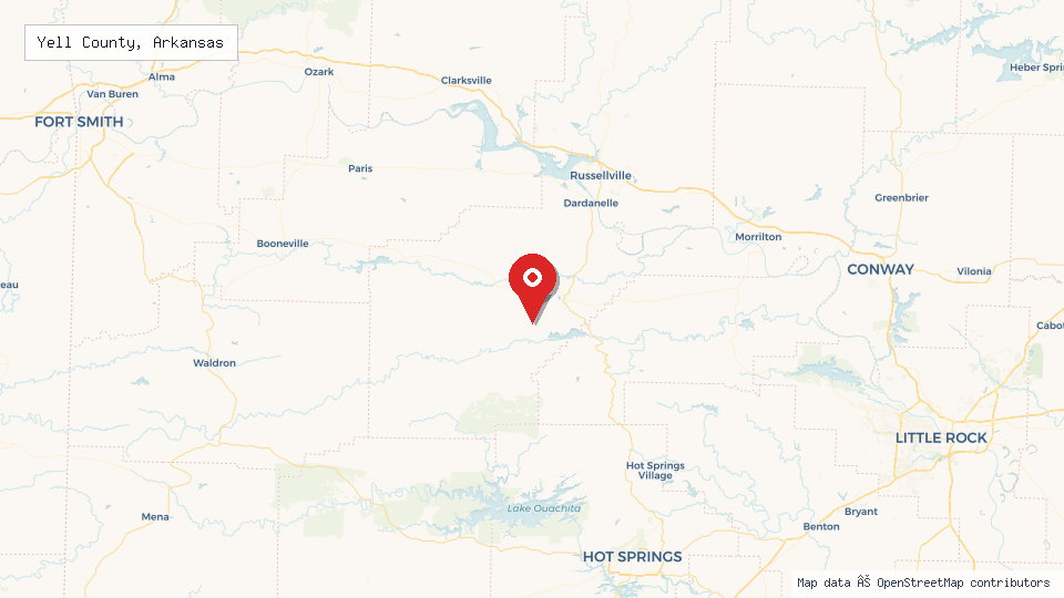 Street map of Yell County, Arkansas with location pin