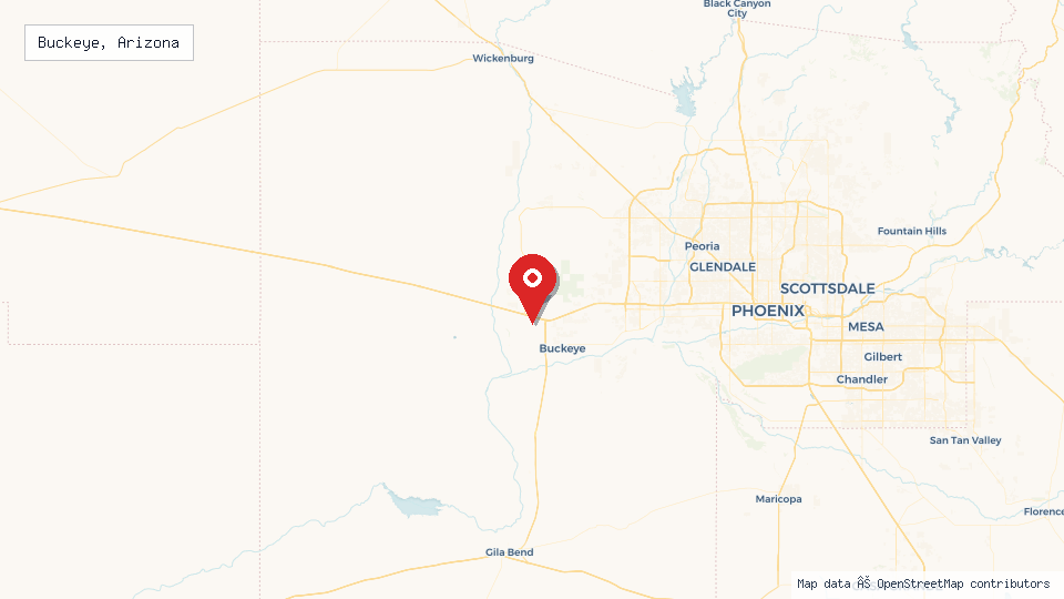 Street map of Buckeye, Arizona with location pin