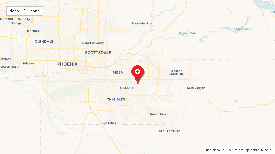 Street map of Mesa, Arizona with location pin