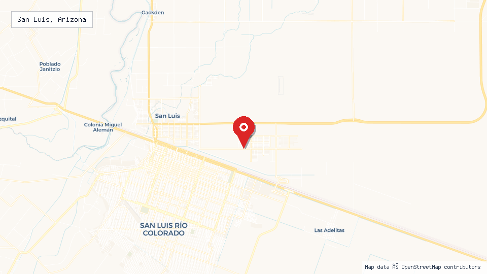 Street map of San Luis, Arizona with location pin