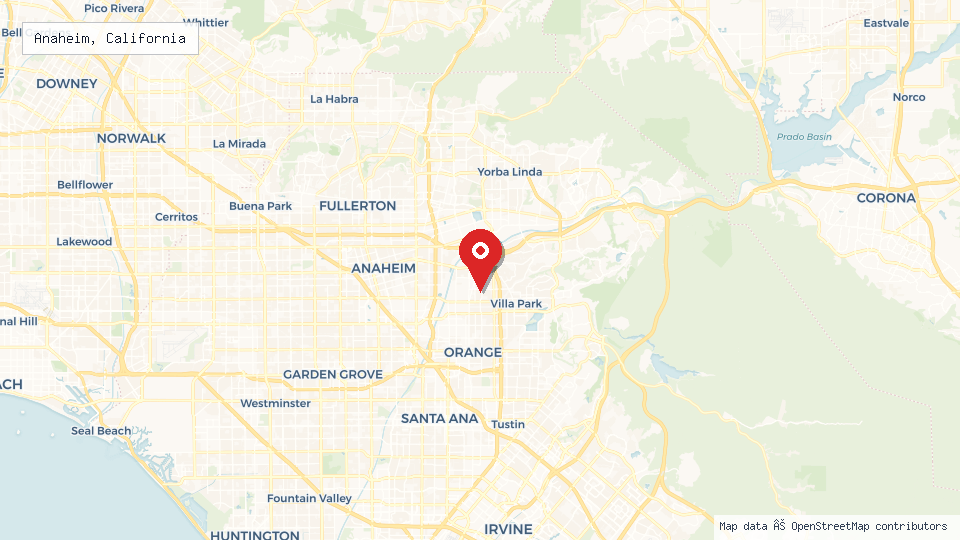 Street map of Anaheim, California with location pin