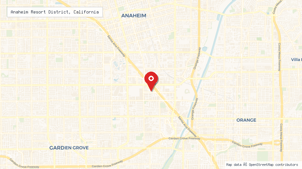 Street map of Anaheim Resort District, California with location pin