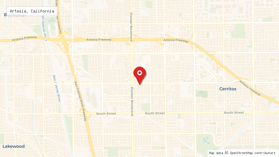 Street map of Artesia, California with location pin