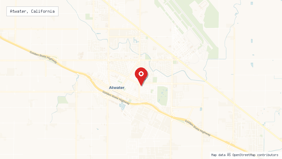 Street map of Atwater, California with location pin