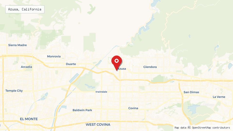Street map of Azusa, California with location pin