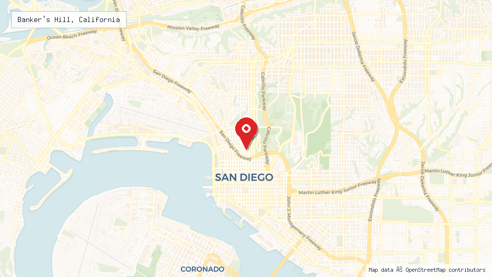 Street map of Banker's Hill, California with location pin