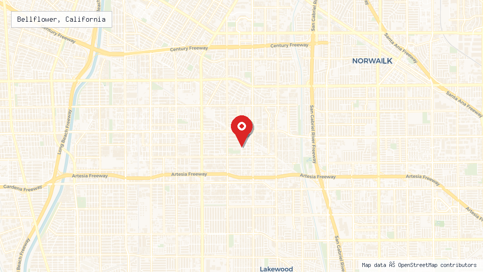 Street map of Bellflower, California with location pin