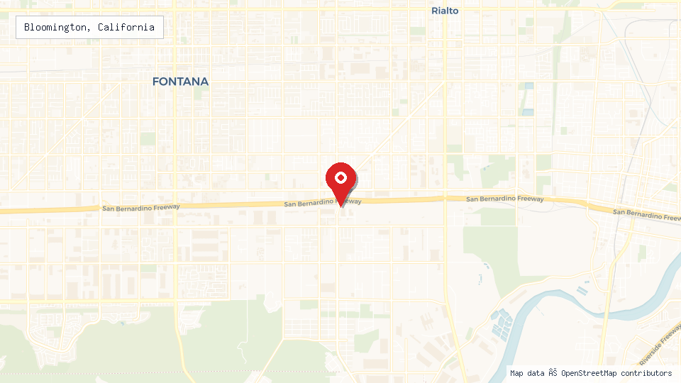 Street map of Bloomington, California with location pin