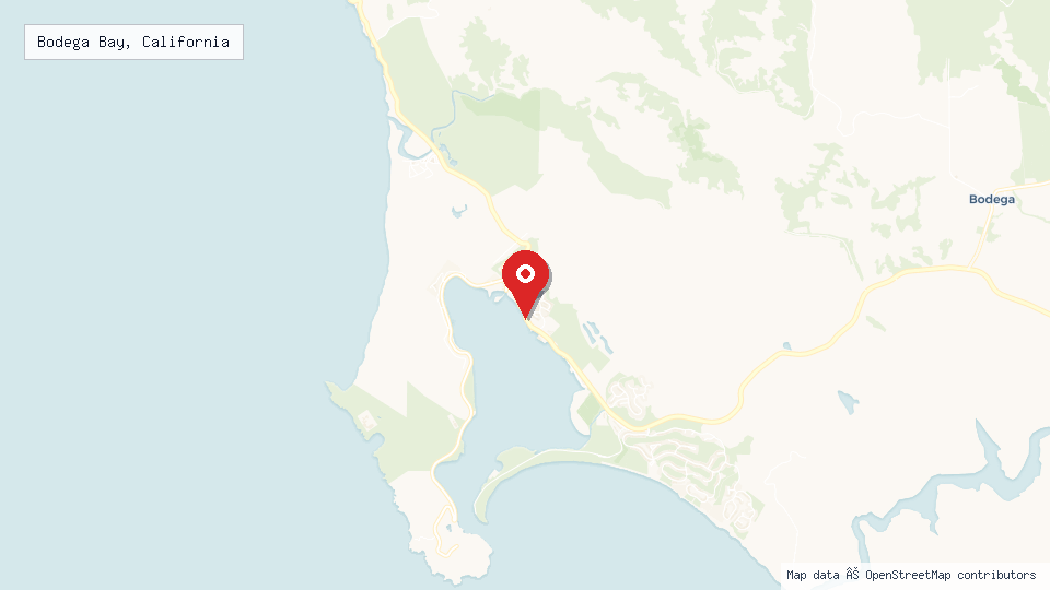 Street map of Bodega Bay, California with location pin