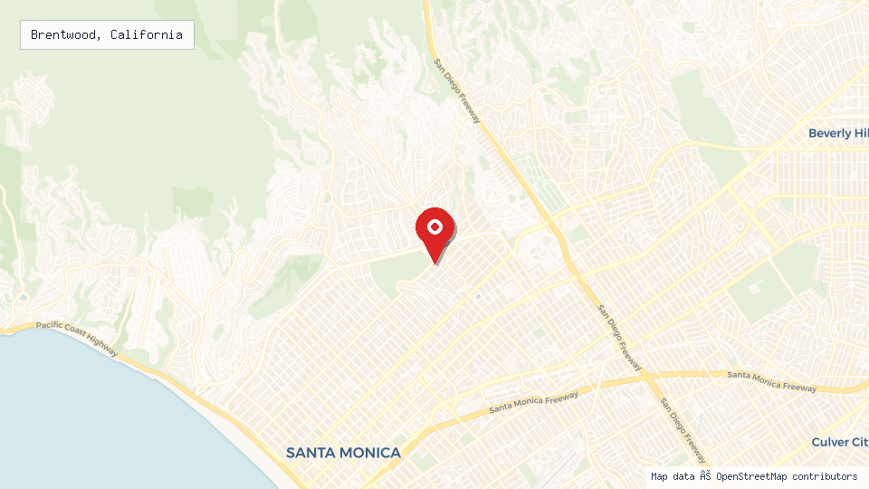 Street map of Brentwood, California with location pin