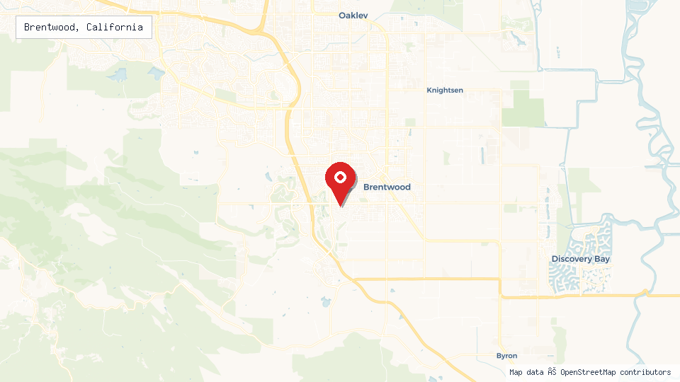 Street map of Brentwood, California with location pin