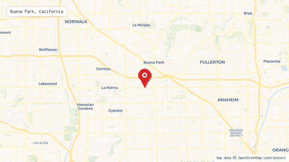 Street map of Buena Park, California with location pin