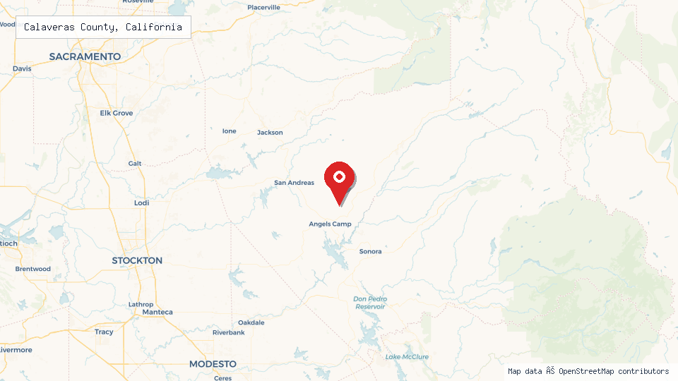Street map of Calaveras County, California with location pin