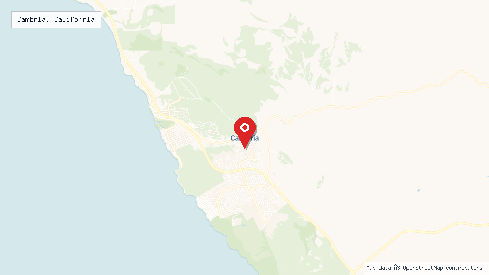 Street map of Cambria, California with location pin