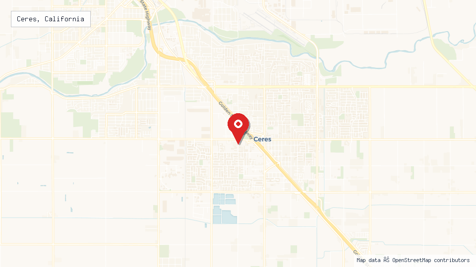 Street map of Ceres, California with location pin