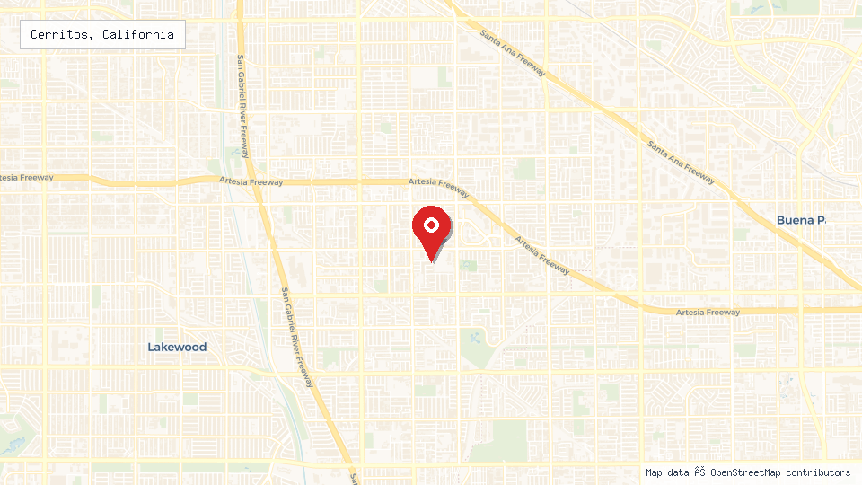 Street map of Cerritos, California with location pin