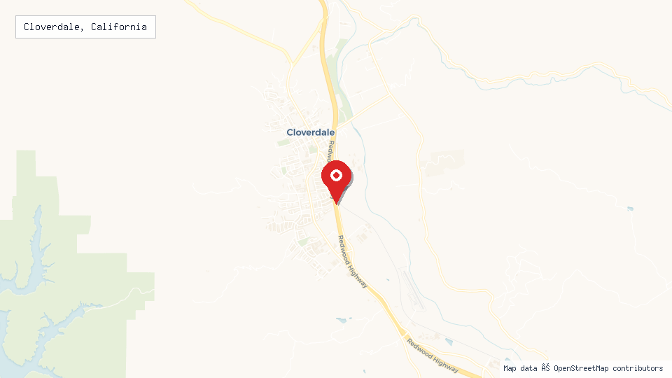 Street map of Cloverdale, California with location pin
