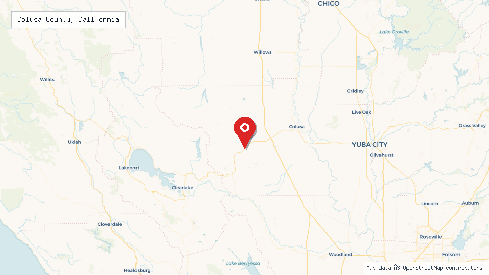 Street map of Colusa County, California with location pin