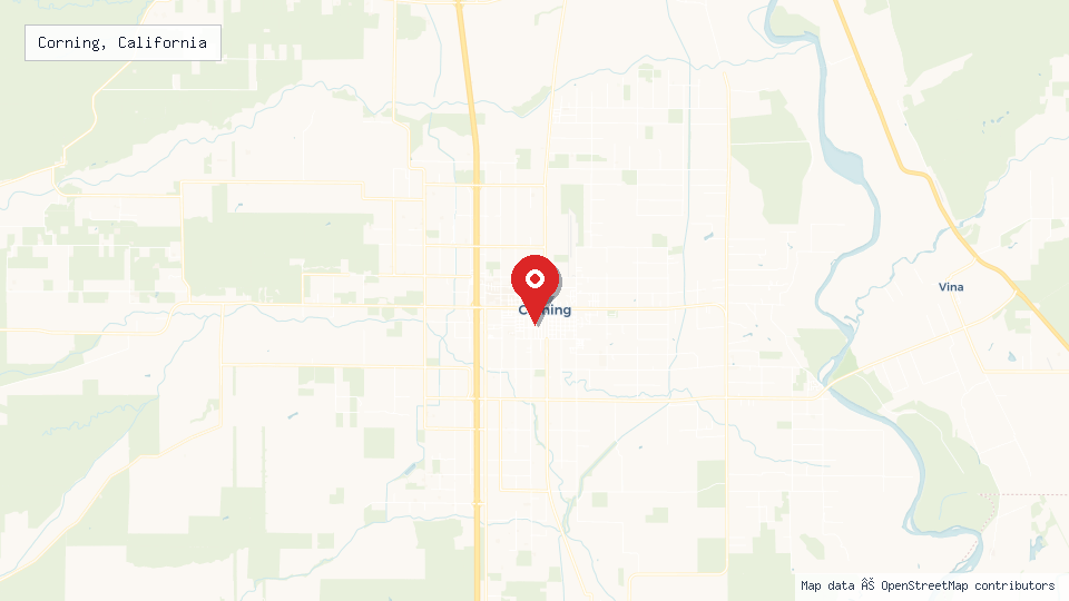 Street map of Corning, California with location pin