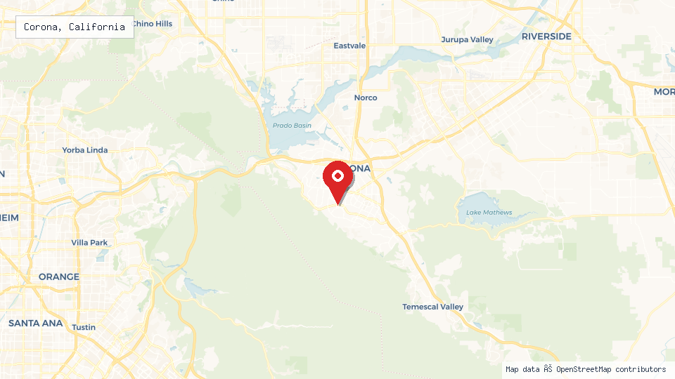 Street map of Corona, California with location pin
