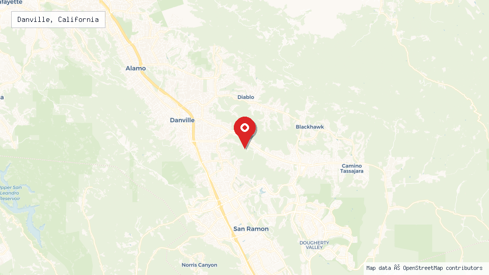 Street map of Danville, California with location pin