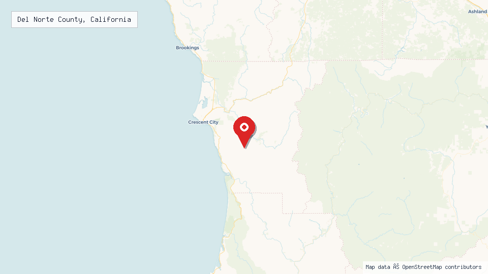 Street map of Del Norte County, California with location pin