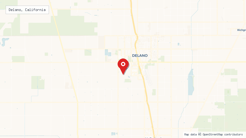 Street map of Delano, California with location pin