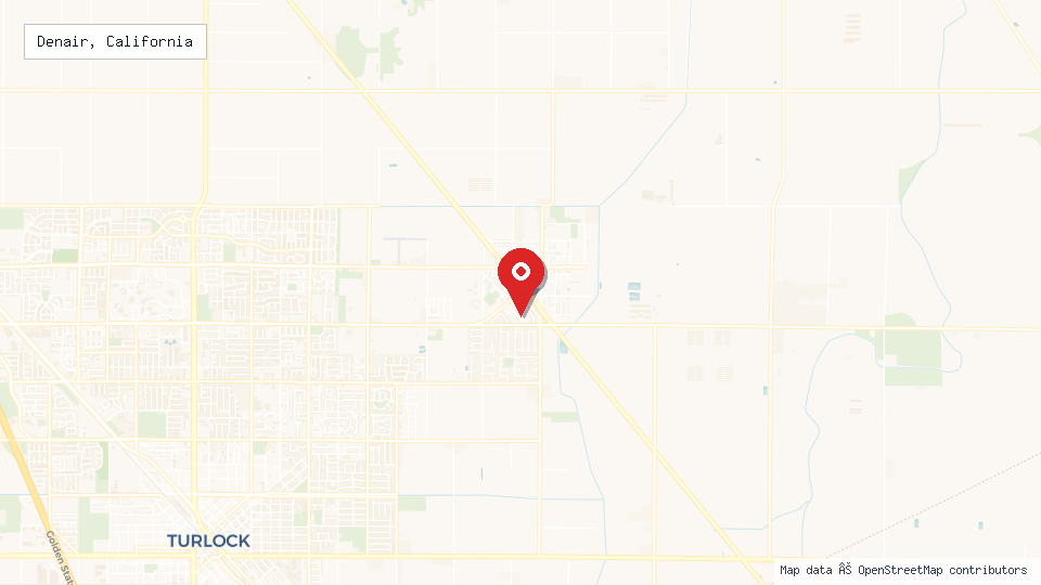 Street map of Denair, California with location pin
