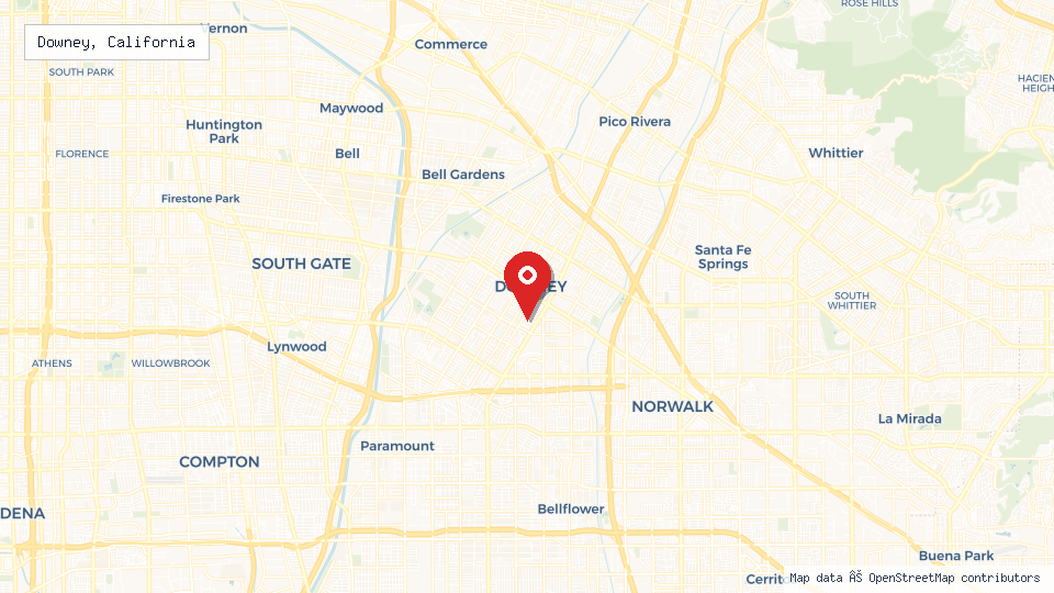 Street map of Downey, California with location pin