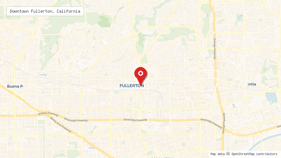 Street map of Downtown Fullerton, California with location pin