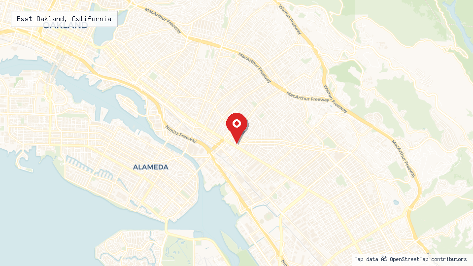 Street map of East Oakland, California with location pin