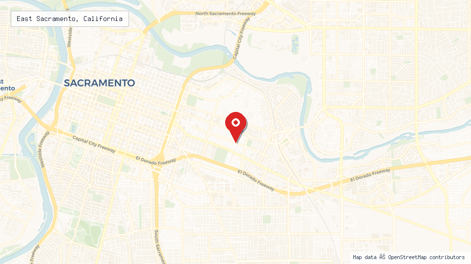 Street map of East Sacramento, California with location pin