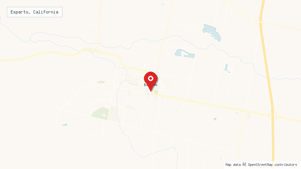 Street map of Esparto, California with location pin
