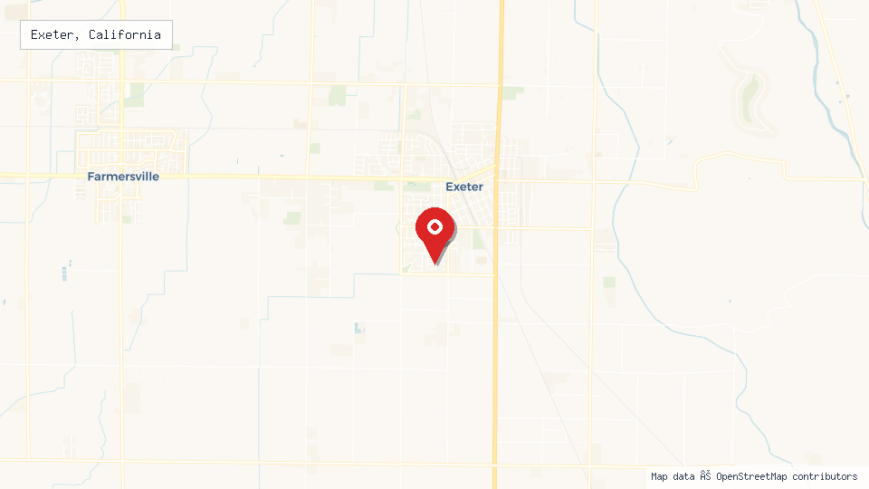 Street map of Exeter, California with location pin