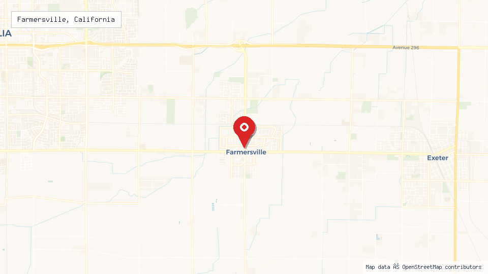 Street map of Farmersville, California with location pin
