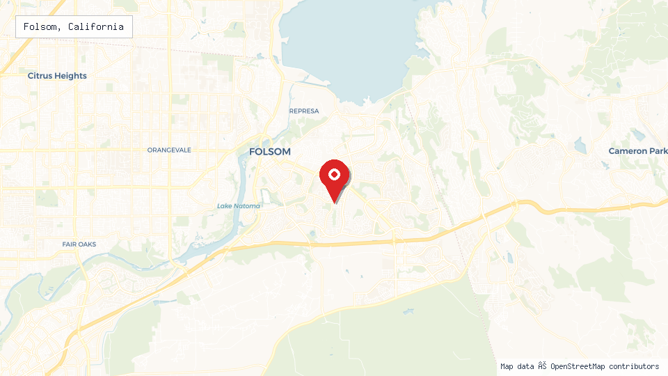 Street map of Folsom, California with location pin