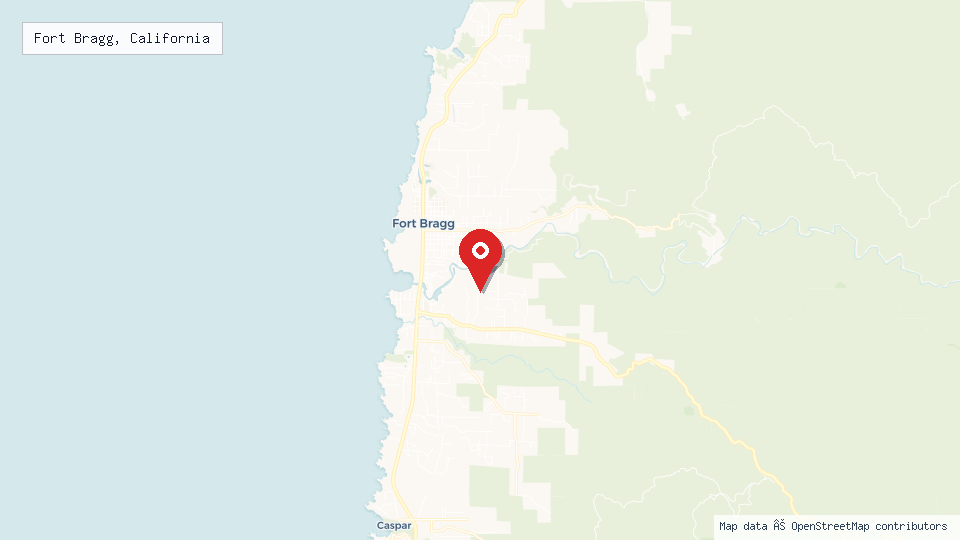 Street map of Fort Bragg, California with location pin
