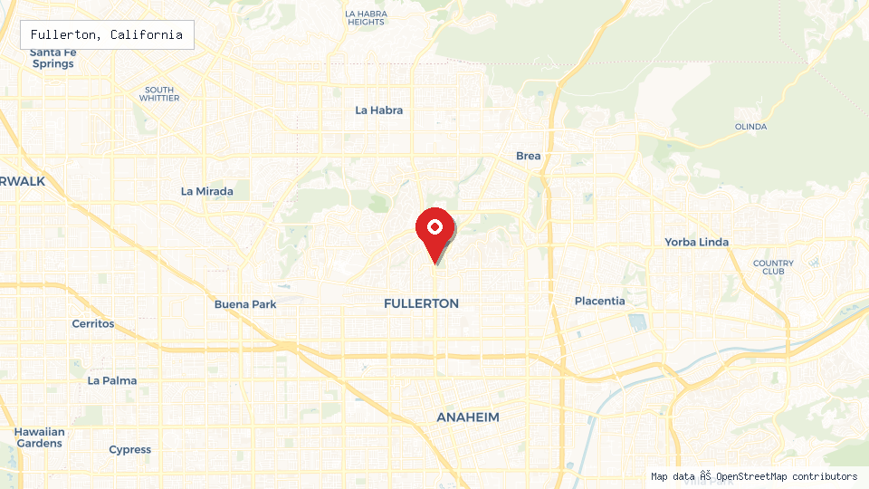 Street map of Fullerton, California with location pin