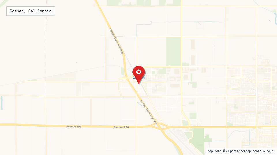 Street map of Goshen, California with location pin