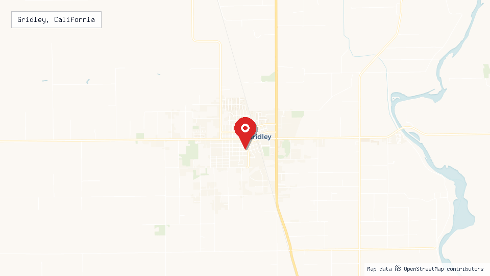 Street map of Gridley, California with location pin