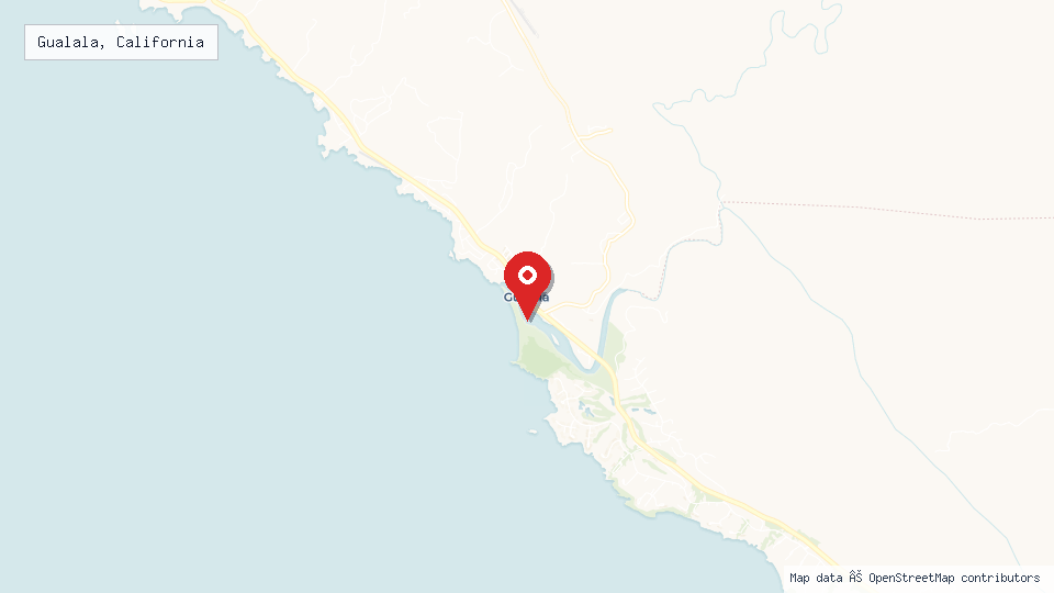 Street map of Gualala, California with location pin