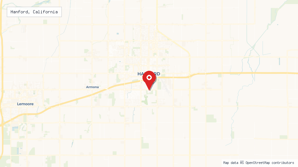 Street map of Hanford, California with location pin