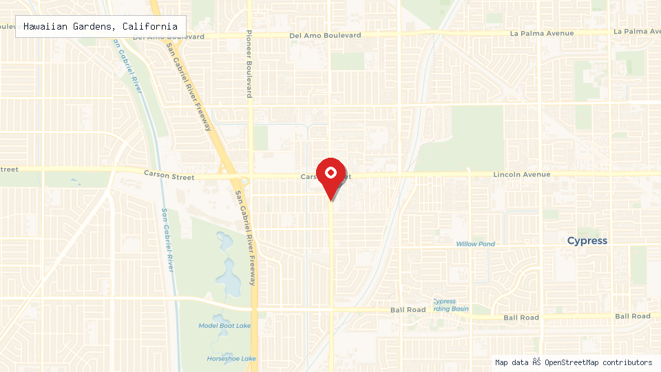 Street map of Hawaiian Gardens, California with location pin
