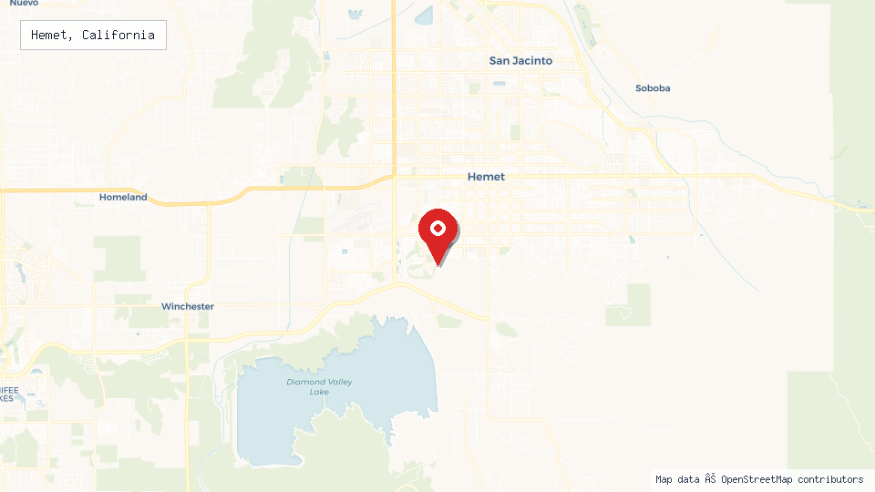 Street map of Hemet, California with location pin